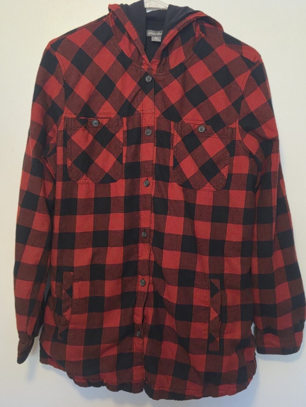 Eddie Bauer Shirt Womens L Red Black Plaid Hooded Flannel Buffalo Check READ